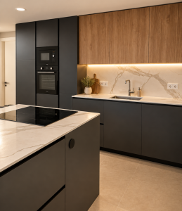 Cocina moderna en mármol y madera